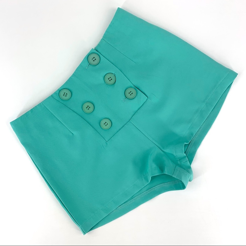 Revamped Teal High Waisted Double Button Front Short Shorts, XXS